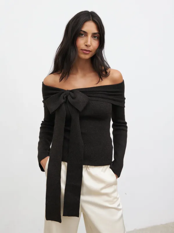 Tilda Bardot Bow Knit Top - Chocolate sold by Pretty Lavish