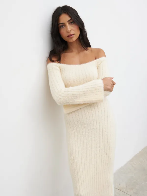 Alora Fluffy Knit Midaxi Dress - Cream sold by Pretty Lavish