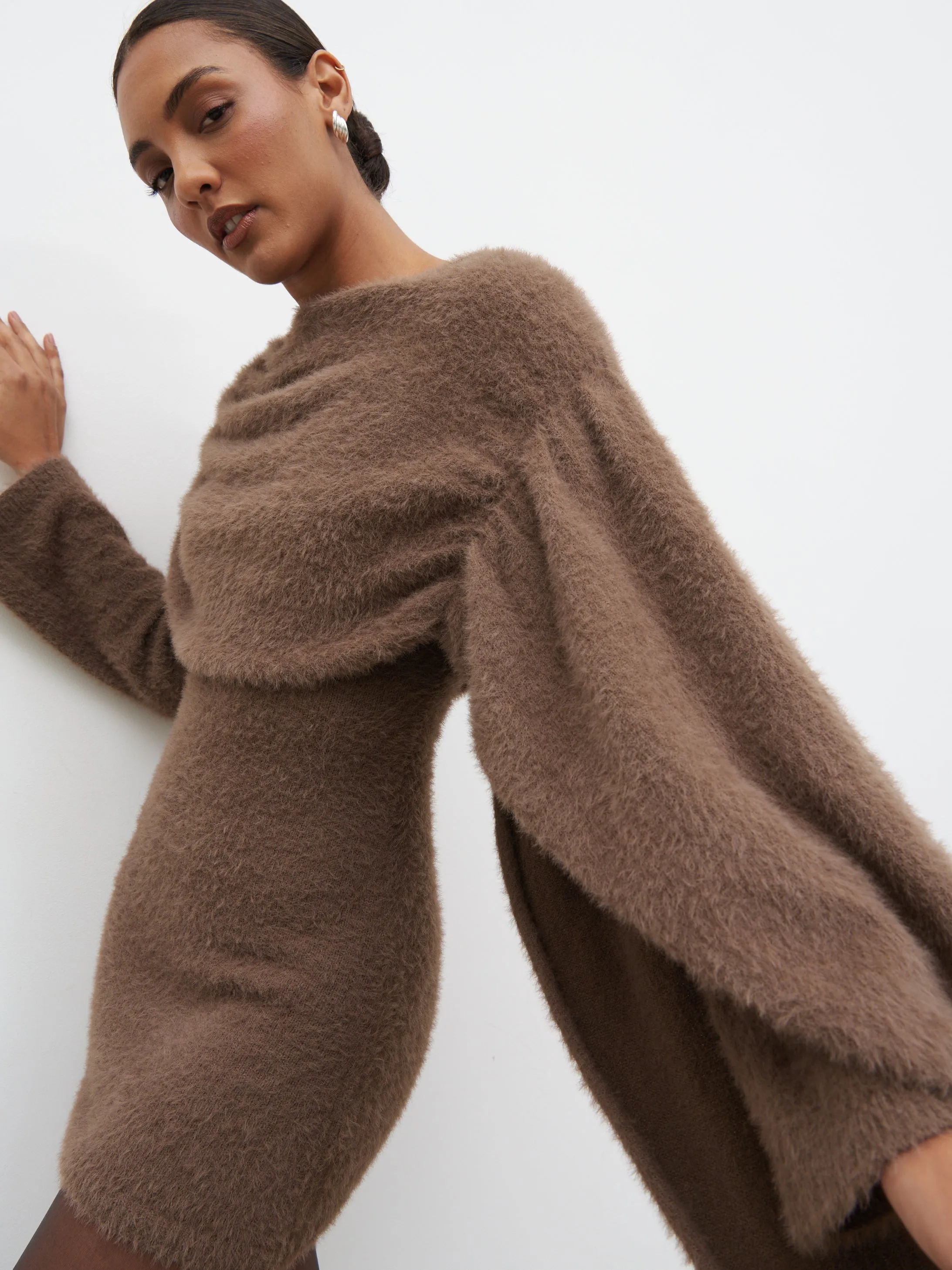 Cassio Drape Fluffy Knit Mini Dress - Mushroom sold by Pretty Lavish product image thumbnail 4