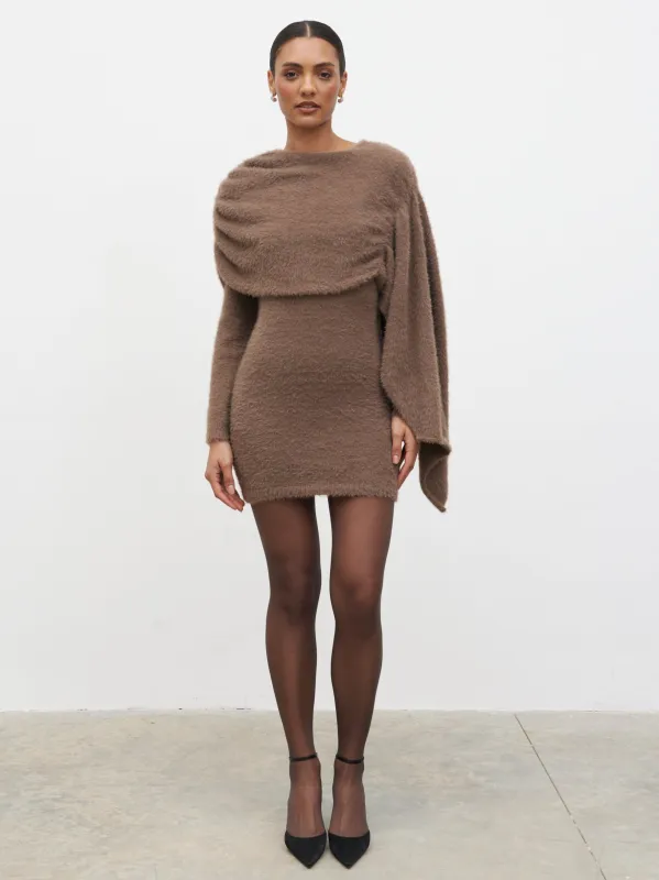 Cassio Drape Fluffy Knit Mini Dress - Mushroom sold by Pretty Lavish