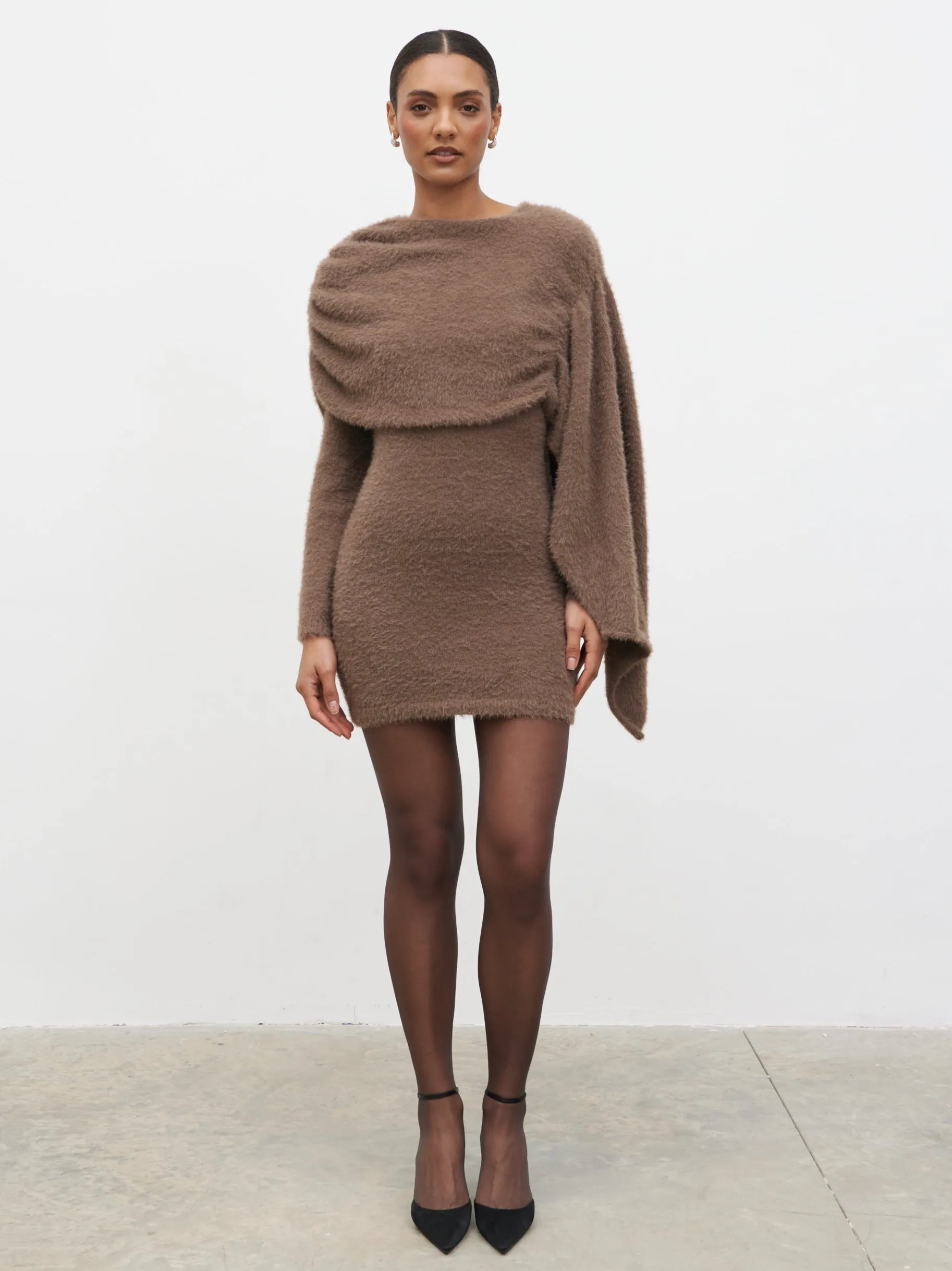 Cassio Drape Fluffy Knit Mini Dress - Mushroom sold by Pretty Lavish