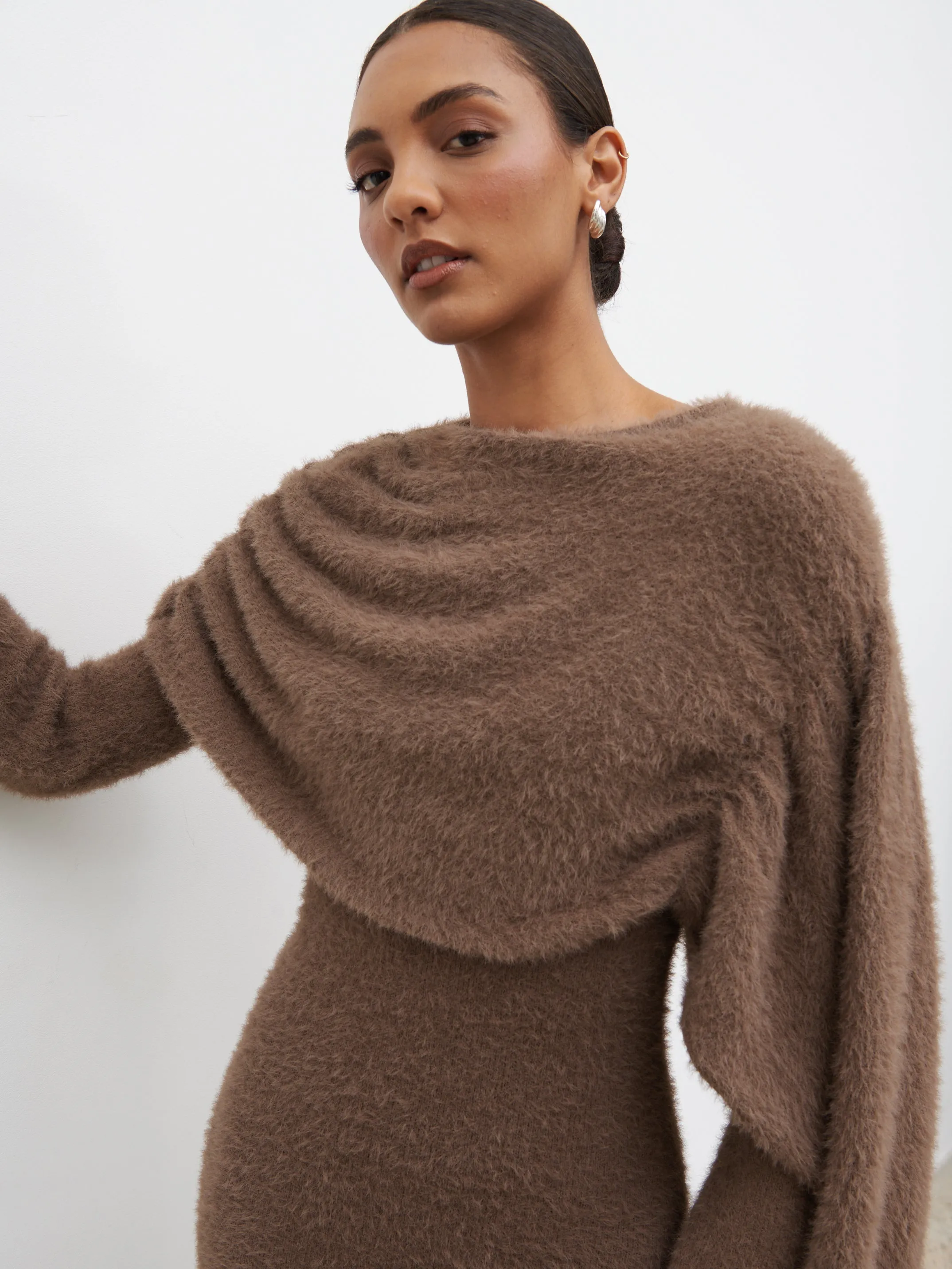 Cassio Drape Fluffy Knit Mini Dress - Mushroom sold by Pretty Lavish product image thumbnail 2