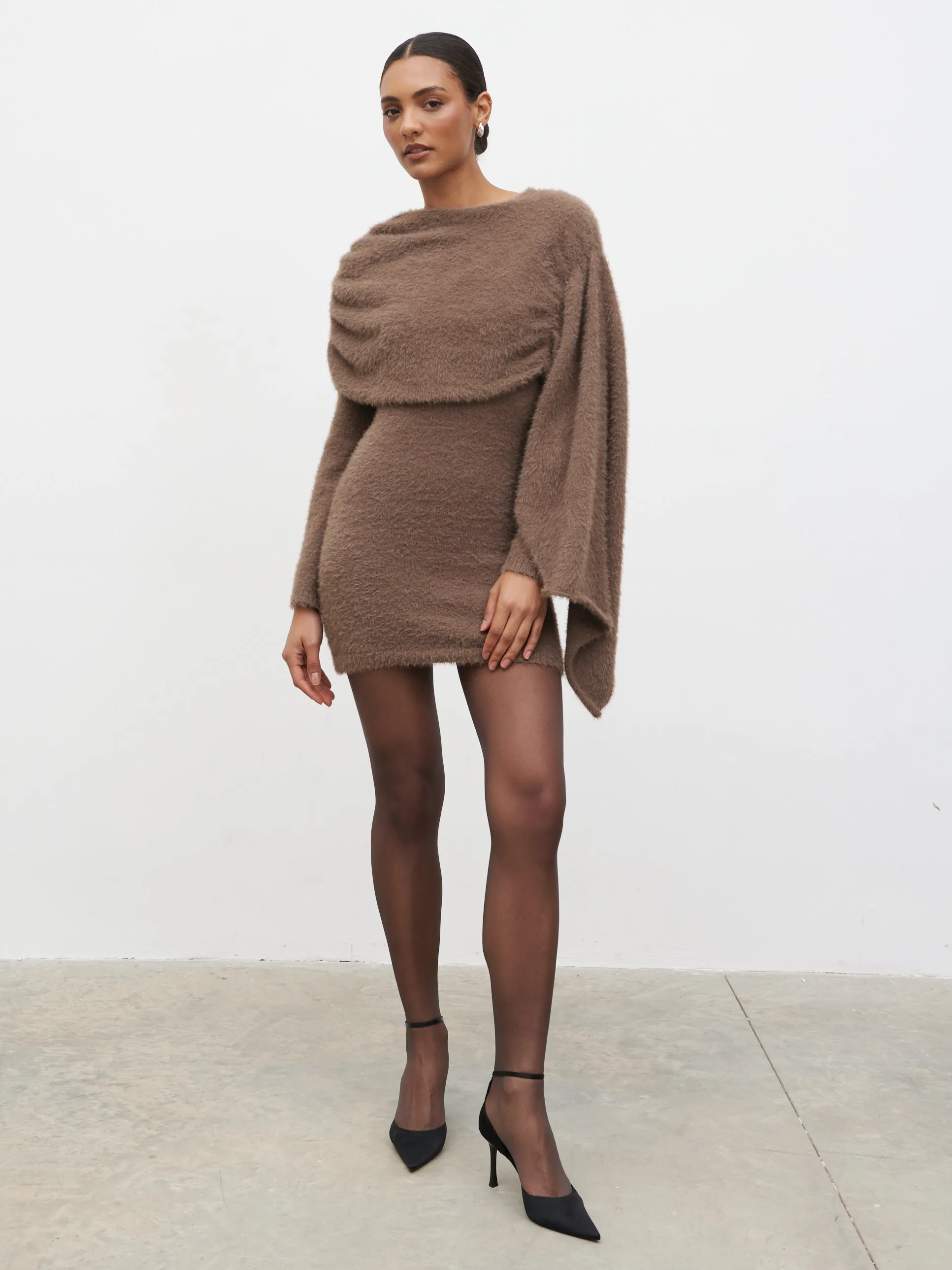 Cassio Drape Fluffy Knit Mini Dress - Mushroom sold by Pretty Lavish product image thumbnail 3