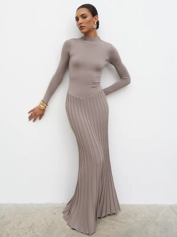 Gloria Fine Knit Pleated Maxi Dress - Dark Taupe sold by Pretty Lavish