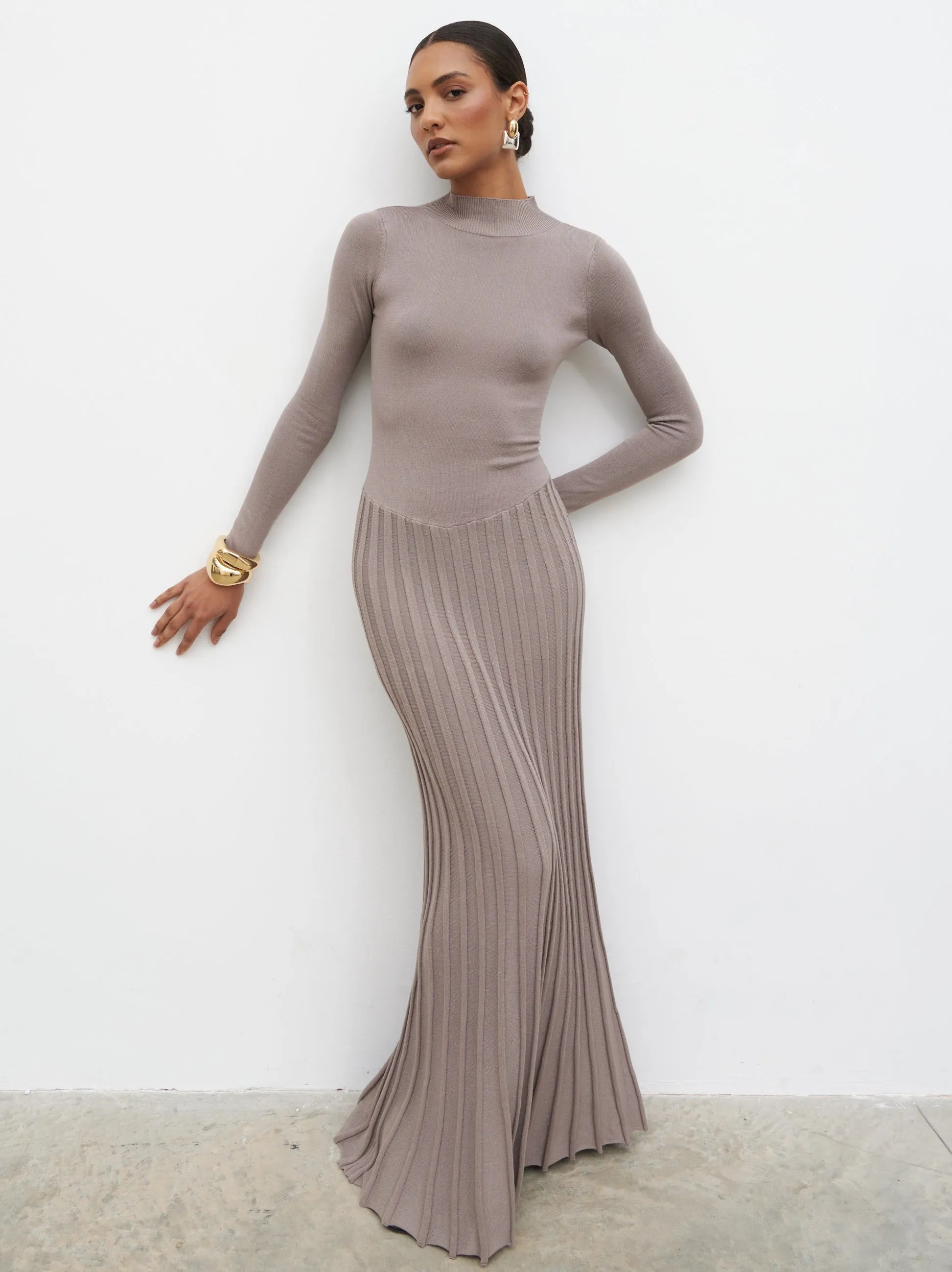 Gloria Fine Knit Pleated Maxi Dress - Dark Taupe sold by Pretty Lavish