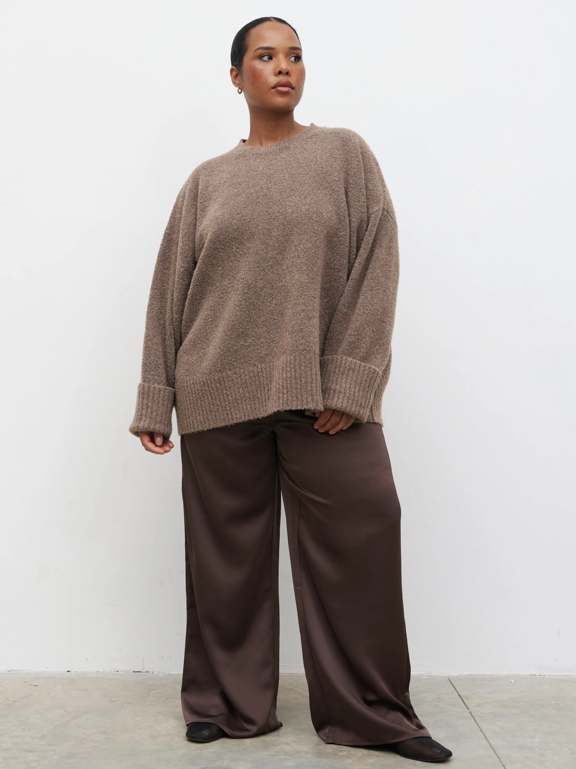 Breya Satin Drawstring Trousers Curve - Chocolate Brown sold by Pretty Lavish