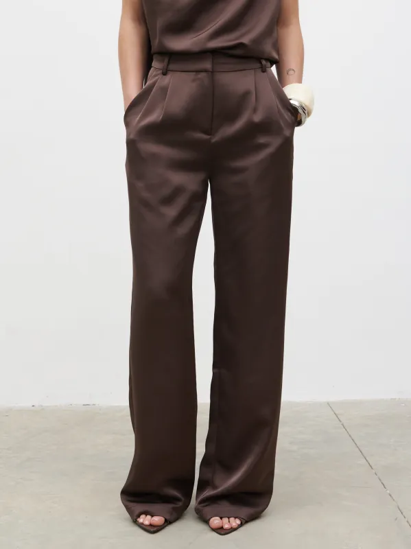 Breya Satin Tailored Trouser- Brown sold by Pretty Lavish