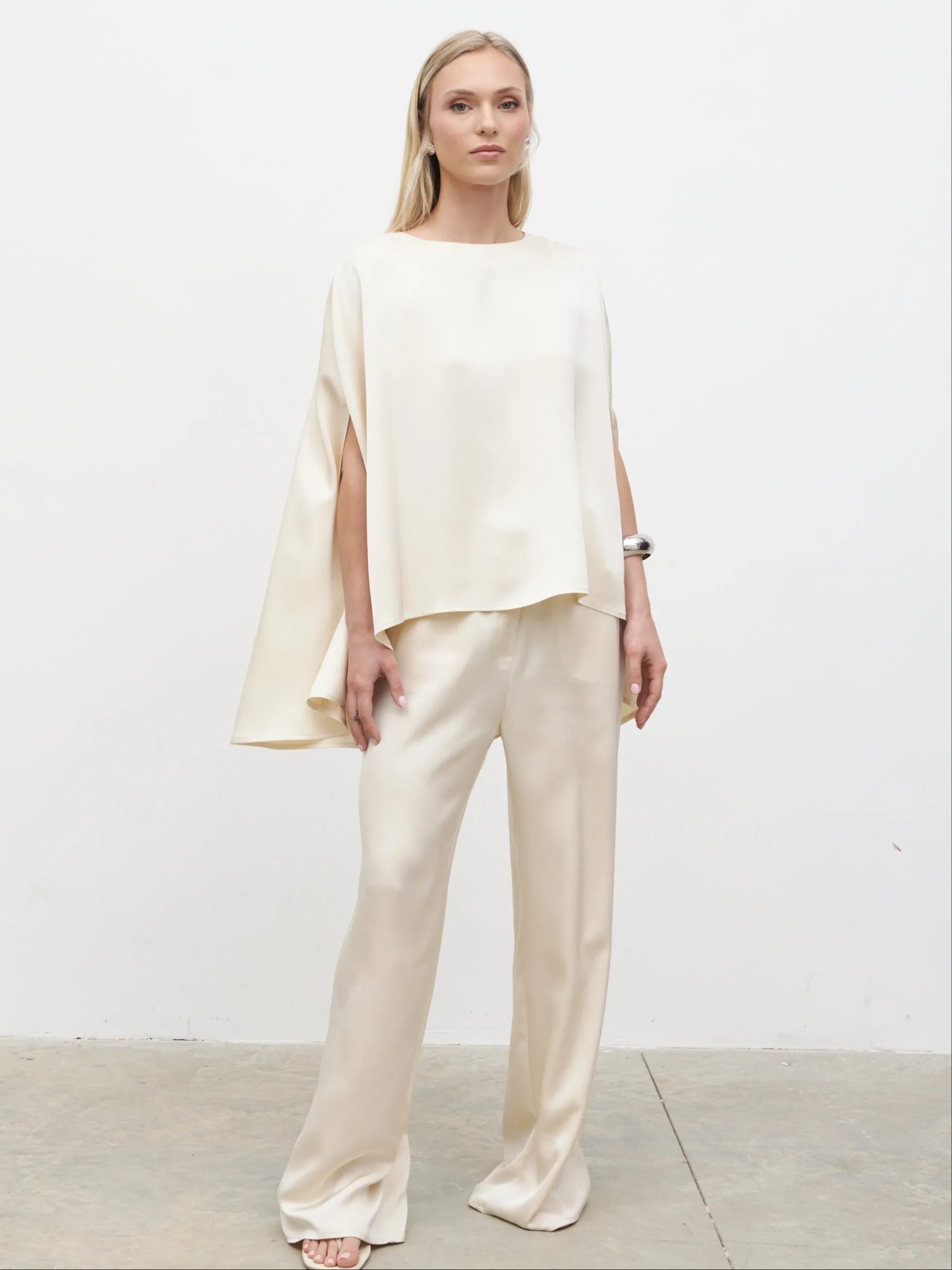 Breya Cape Floaty Satin Top - Oyster sold by Pretty Lavish