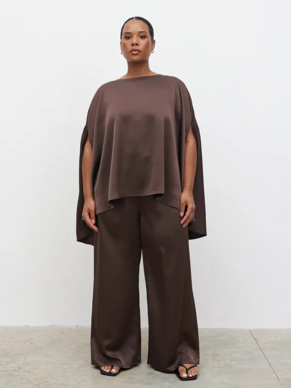 Breya Cape Floaty Satin Top Curve - Chocolate Brown sold by Pretty Lavish