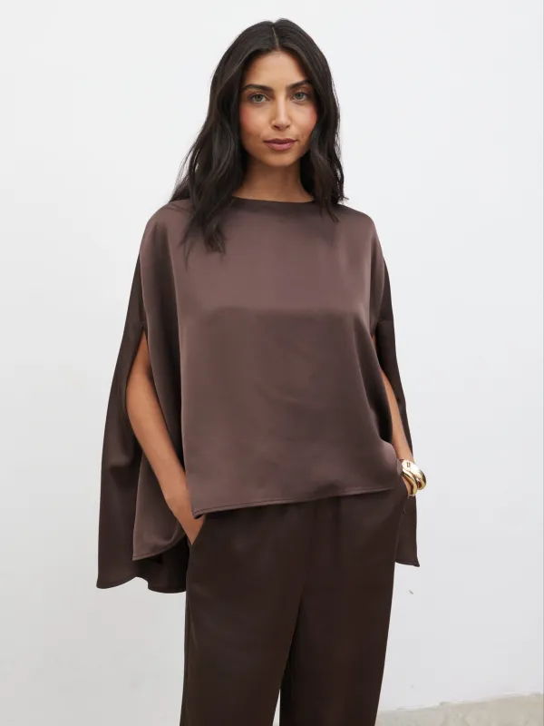 Breya Cape Floaty Satin Top - Chocolate Brown sold by Pretty Lavish