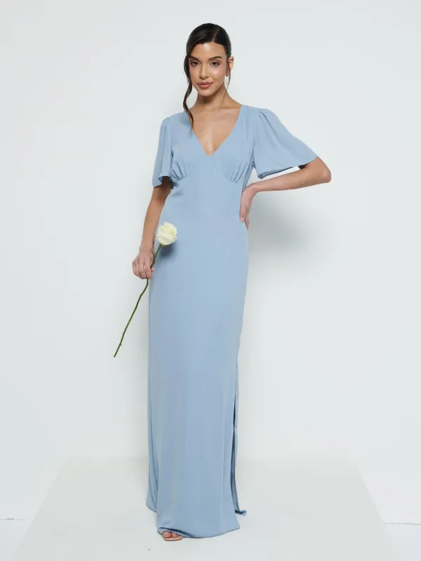 Edie Chiffon Short Sleeve Maxi Bridesmaid Dress - Dusty Blue sold by Pretty Lavish