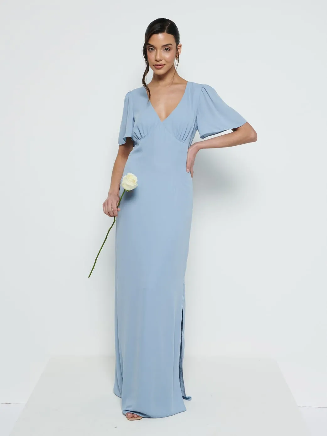 Edie Chiffon Short Sleeve Maxi Bridesmaid Dress - Dusty Blue sold by Pretty Lavish