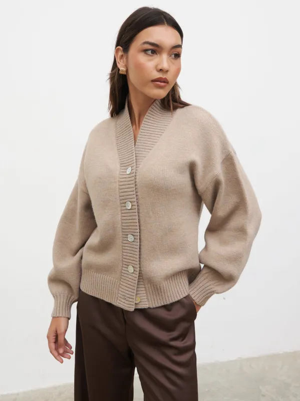Lorrie Chunky Knit Buttoned Bomber - Dark Beige sold by Pretty Lavish