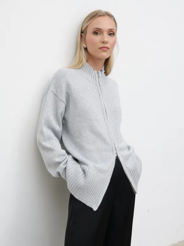 Claudia Double Ended Zip Knit Cardigan - Light Grey sold by Pretty Lavish