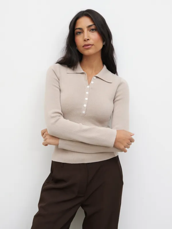 Marione Button Down Knit Polo Top - Beige sold by Pretty Lavish