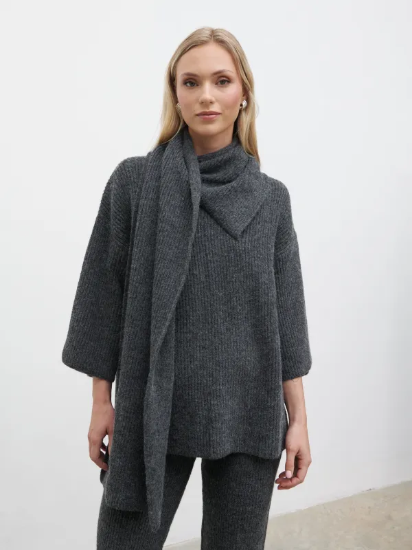 Beautrix Knit Attached Scarf Jumper - Charcoal sold by Pretty Lavish