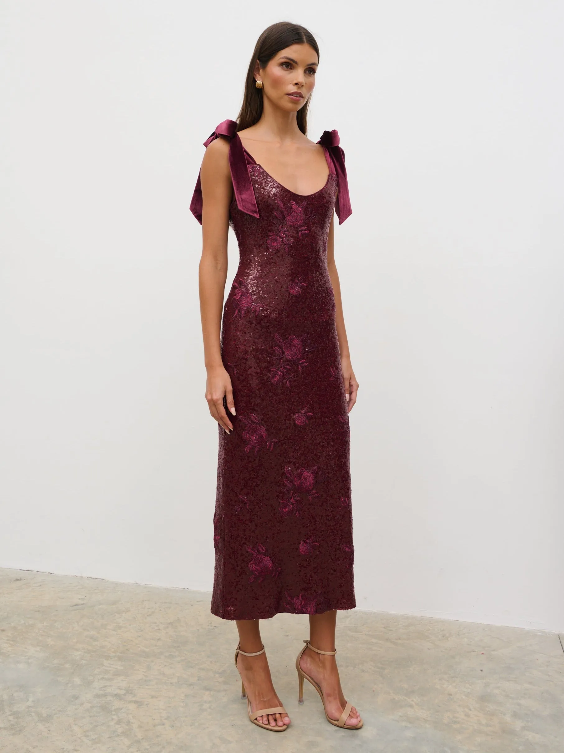 Romy Tie Sequin Midaxi Dress - Wine Floral Sequin sold by Pretty Lavish product image thumbnail 5