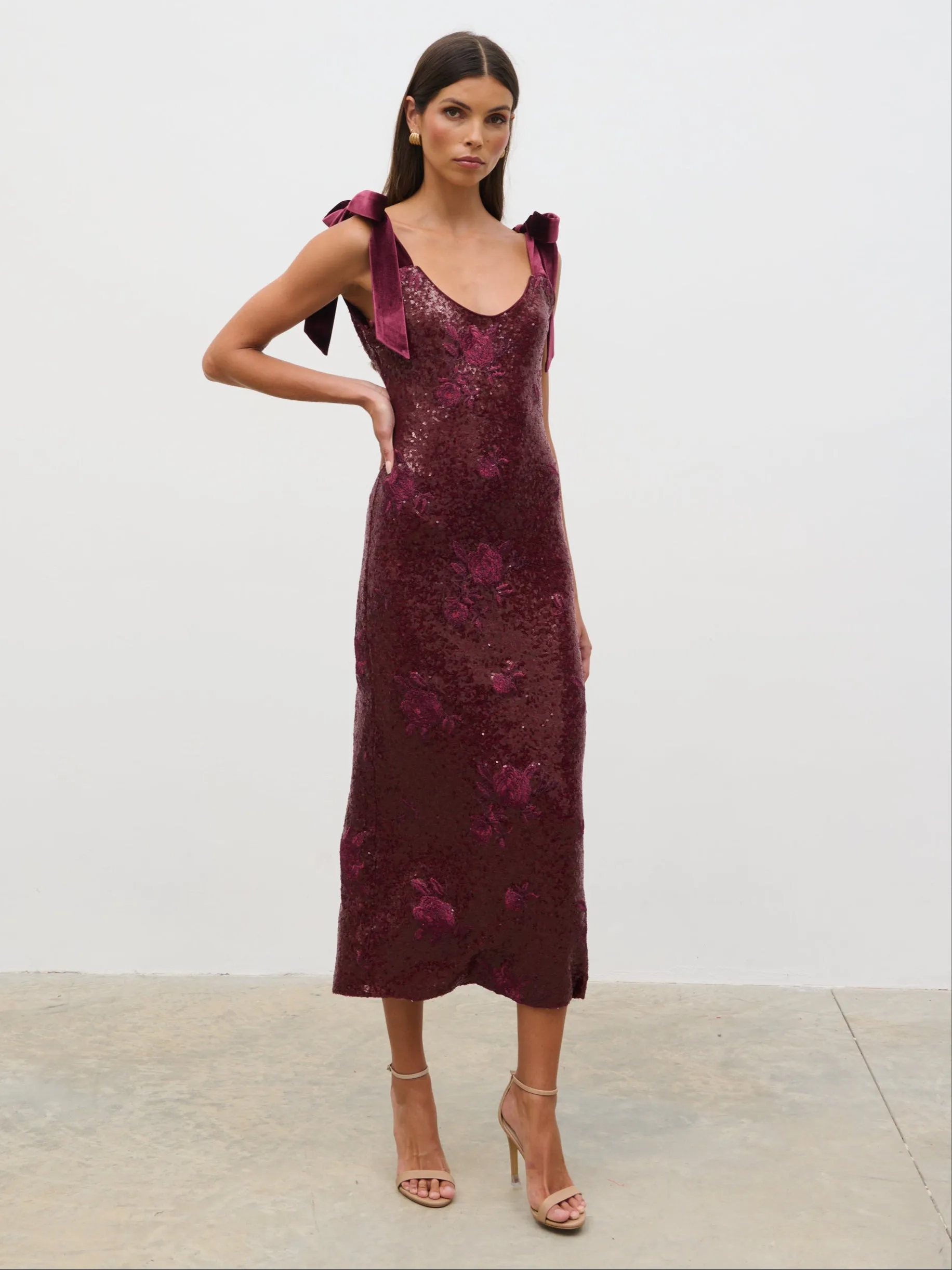 Romy Tie Sequin Midaxi Dress - Wine Floral Sequin sold by Pretty Lavish product image thumbnail 3