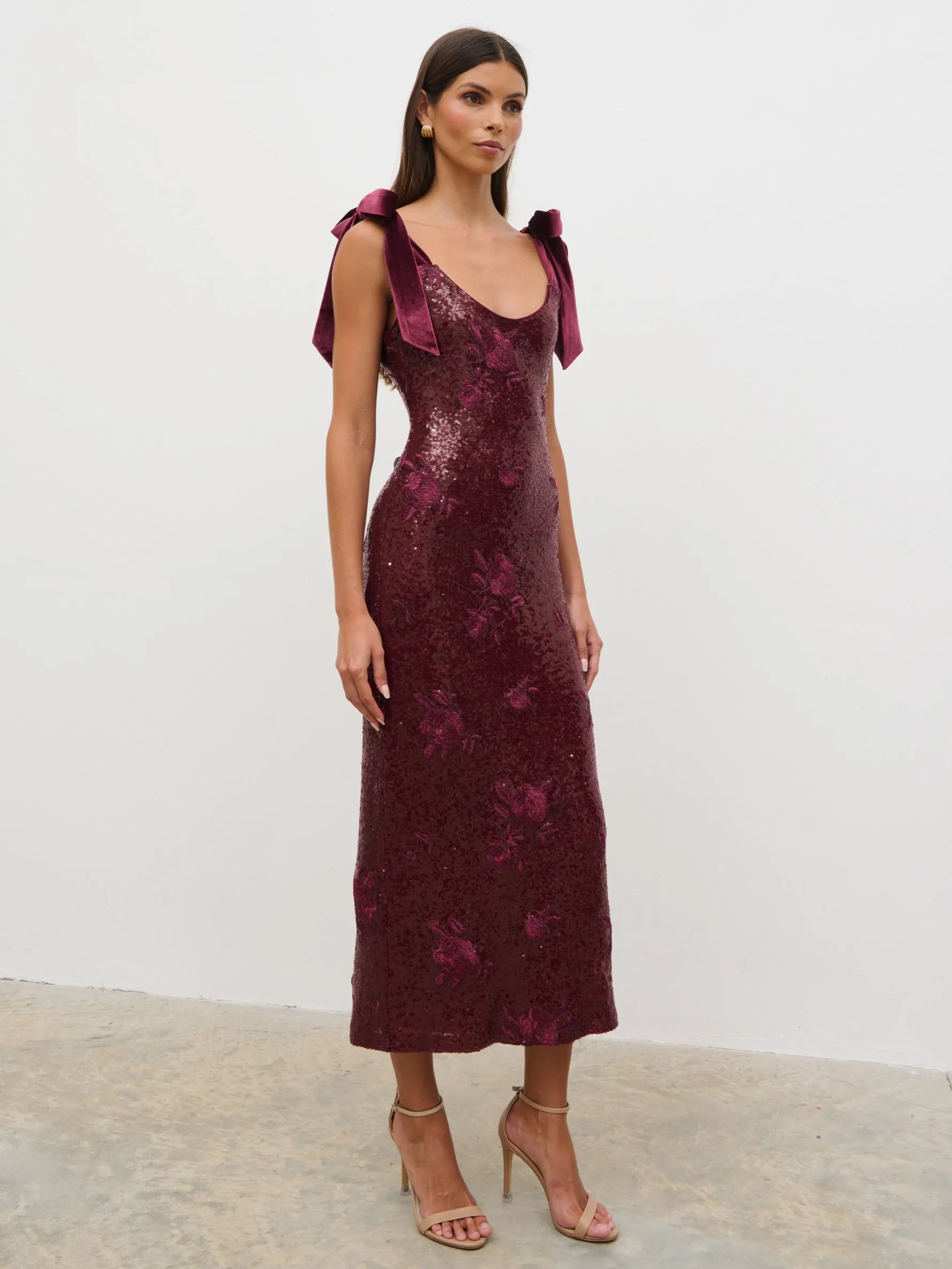 Romy Tie Sequin Midaxi Dress - Wine Floral Sequin sold by Pretty Lavish