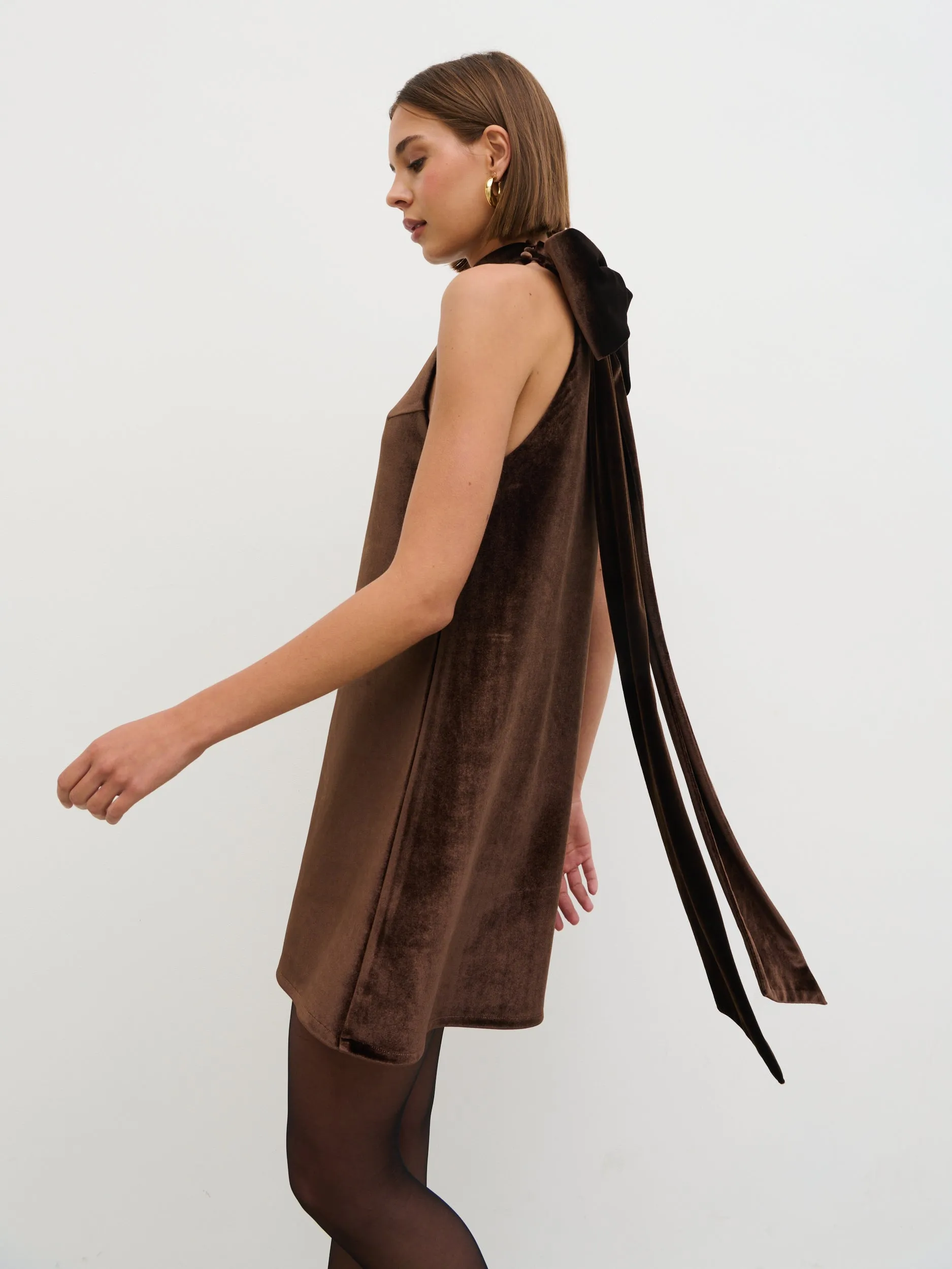 Bella Bow Velvet Mini Dress - Brown sold by Pretty Lavish product image thumbnail 4