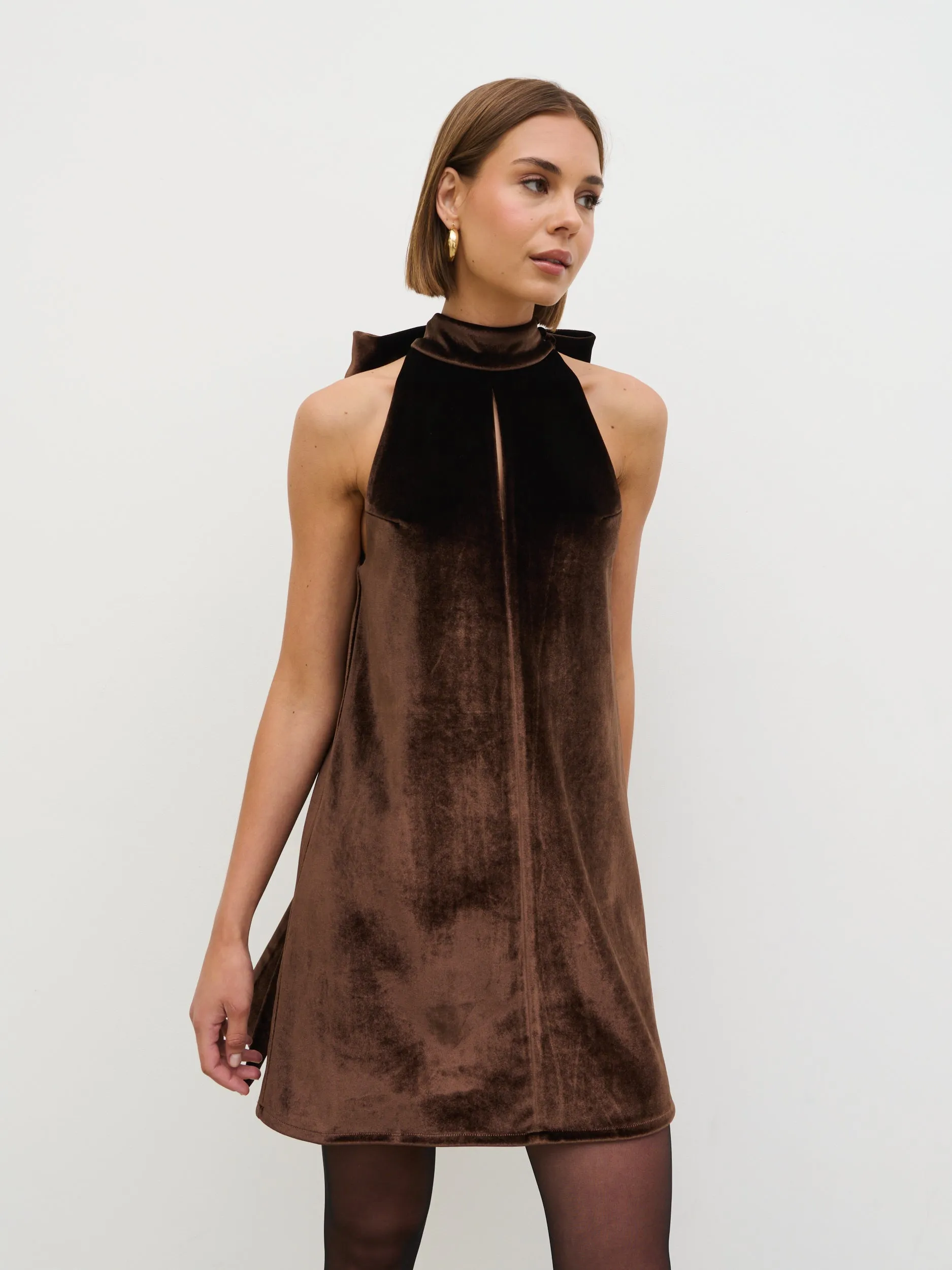 Bella Bow Velvet Mini Dress - Brown sold by Pretty Lavish