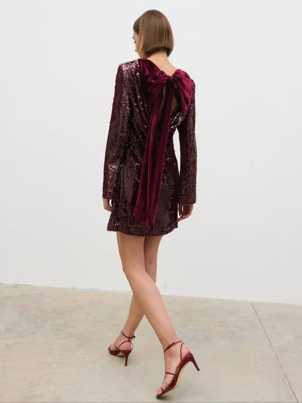 Brioni Sequin Bow Mini Dress - Wine sold by Pretty Lavish