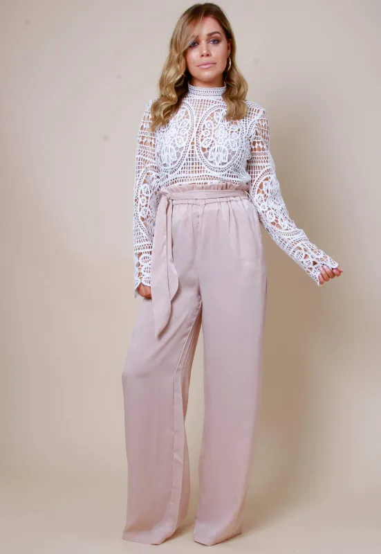 Frill Tie Waist Wide Leg Trousers - Blush sold by Pretty Lavish