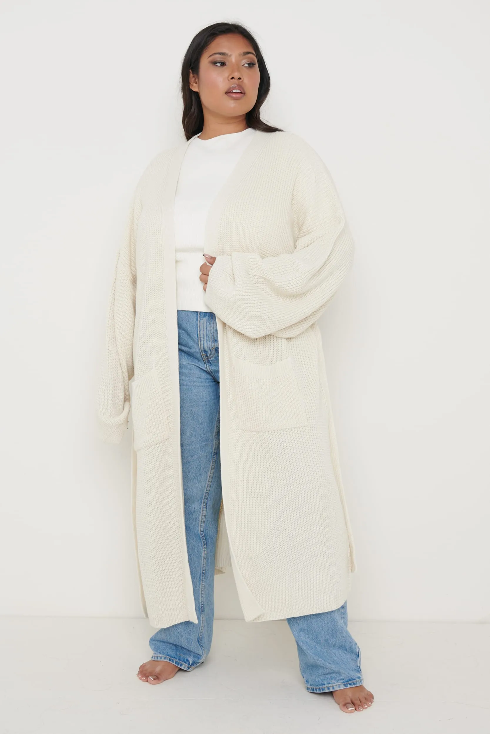 Curve Arden Midi Tie Cardigan - Cream sold by Pretty Lavish