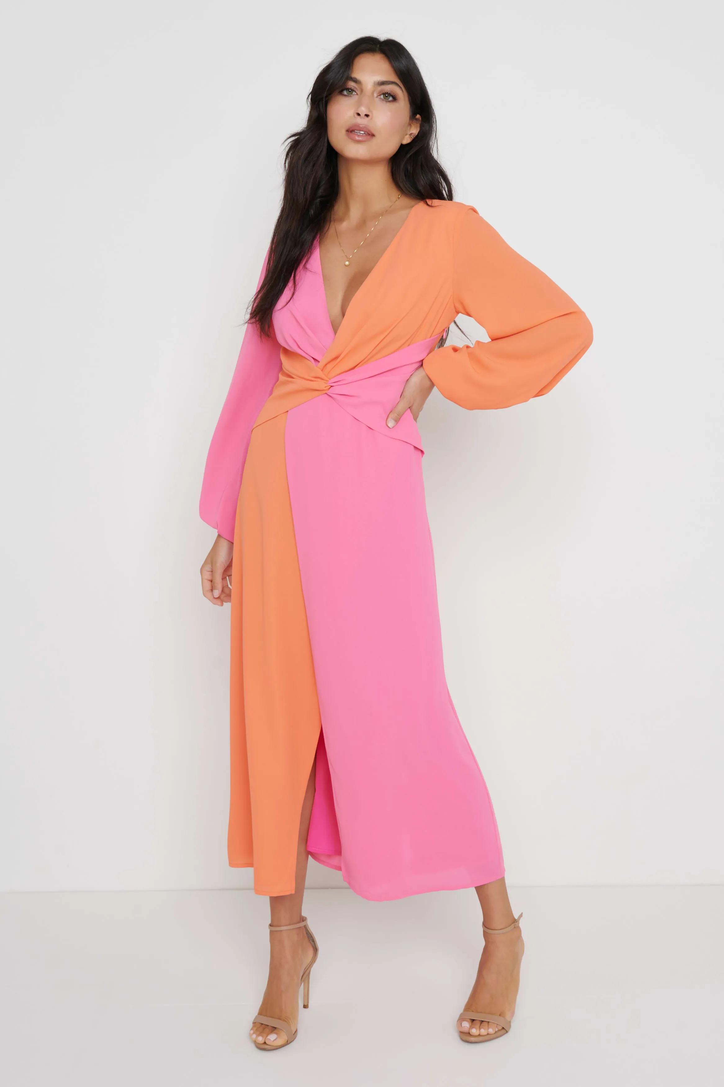 FRIEDA KNOT CONTRAST DRESS- ORANGE AND PINK sold by Pretty Lavish product image thumbnail 4