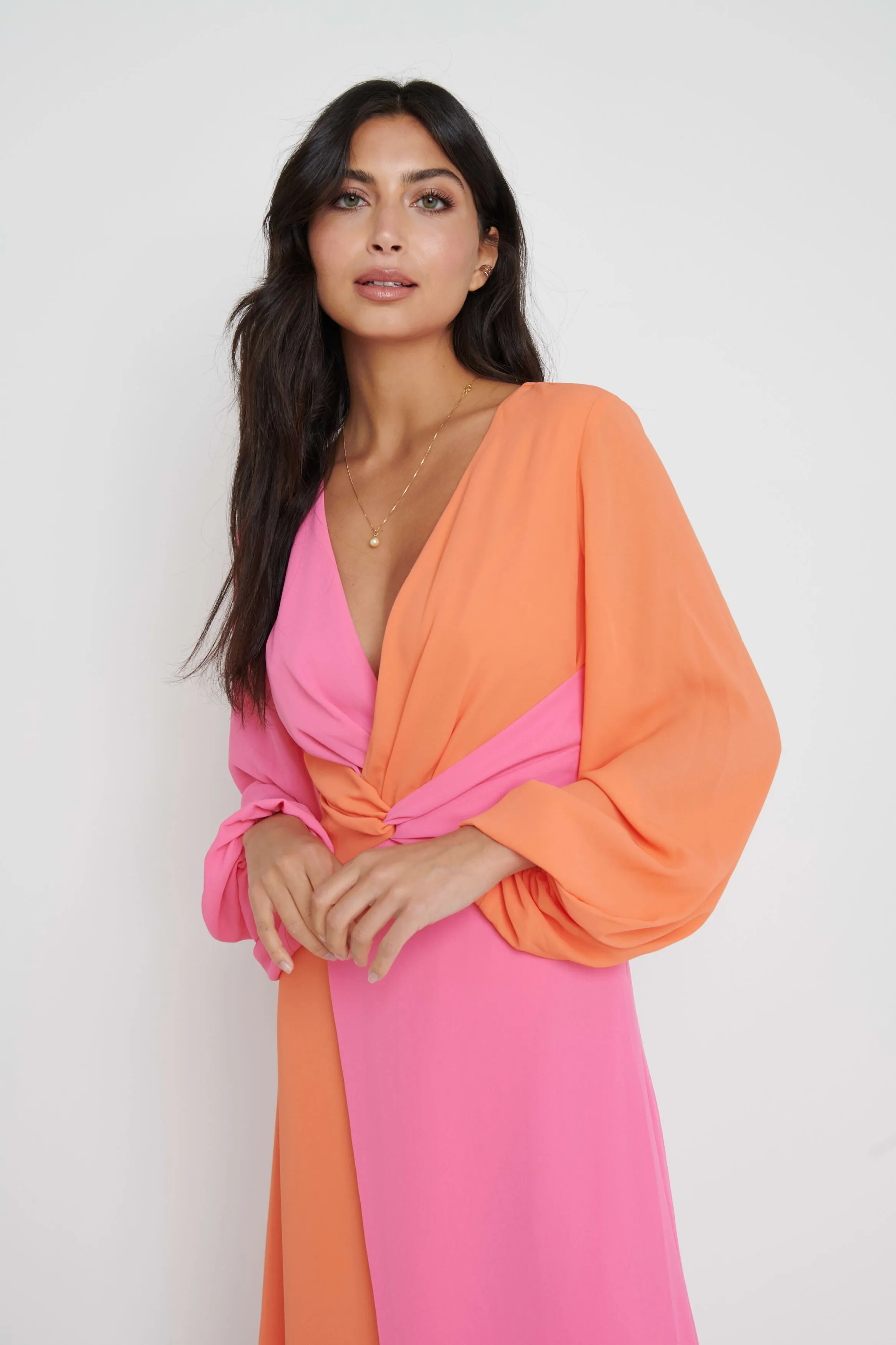 FRIEDA KNOT CONTRAST DRESS- ORANGE AND PINK sold by Pretty Lavish product image thumbnail 3