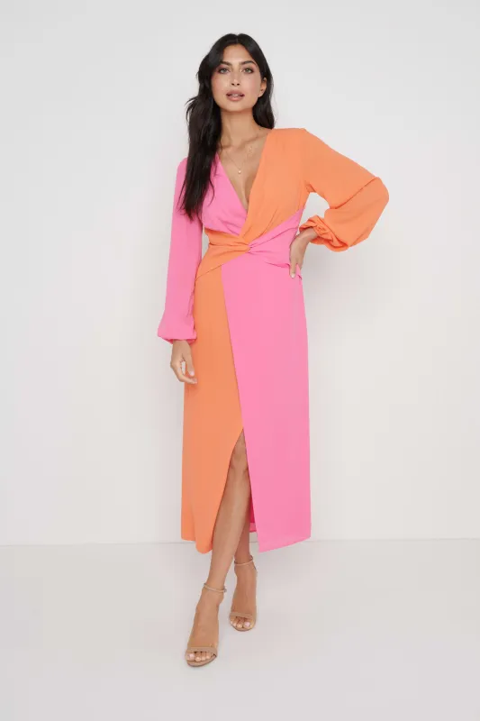 FRIEDA KNOT CONTRAST DRESS- ORANGE AND PINK sold by Pretty Lavish