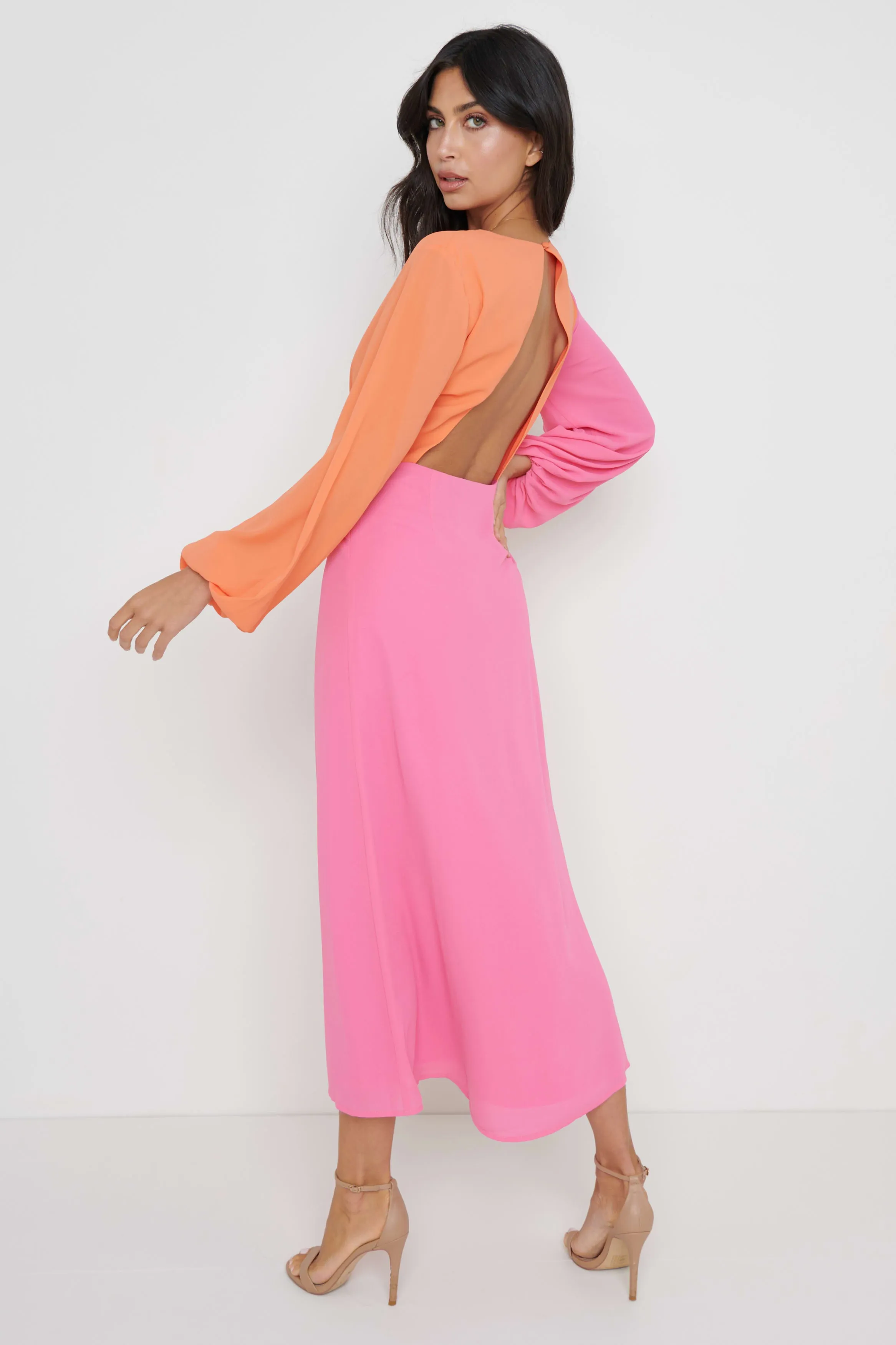 FRIEDA KNOT CONTRAST DRESS- ORANGE AND PINK sold by Pretty Lavish product image thumbnail 2