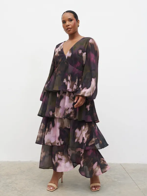 Ashton Ruffle Midi Dress Curve - Purple and Khaki Ombre sold by Pretty Lavish