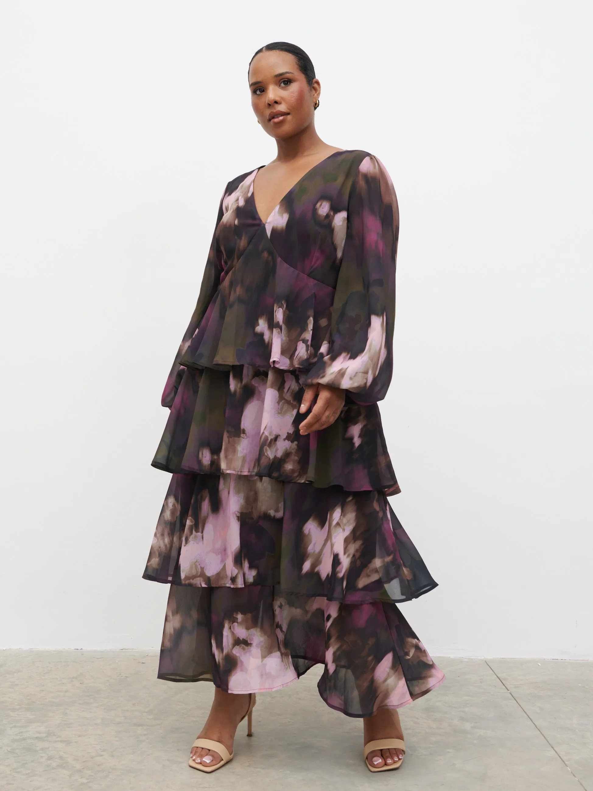 Ashton Ruffle Midi Dress Curve - Purple and Khaki Ombre sold by Pretty Lavish