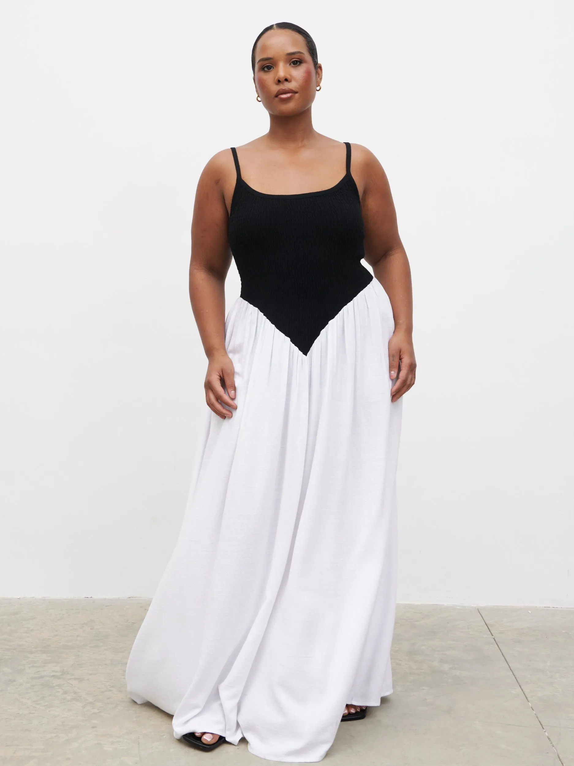 Maude Shirred Contrast Maxi Dress Curve - Black and Cream sold by Pretty Lavish product image thumbnail 3