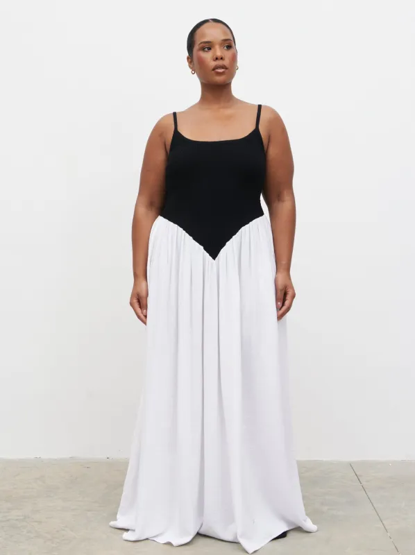 Maude Shirred Contrast Maxi Dress Curve - Black and Cream sold by Pretty Lavish