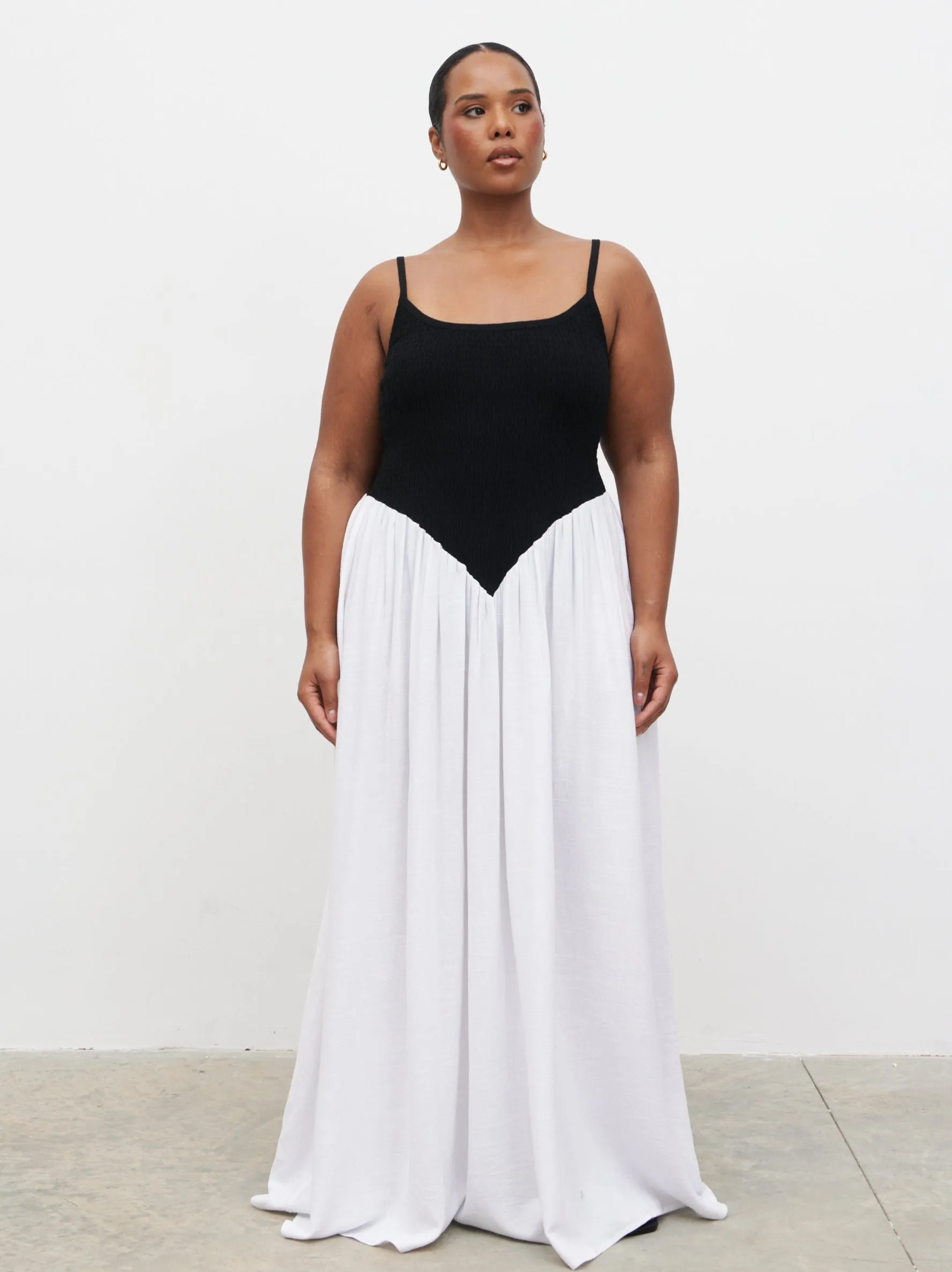 Maude Shirred Contrast Maxi Dress Curve - Black and Cream sold by Pretty Lavish