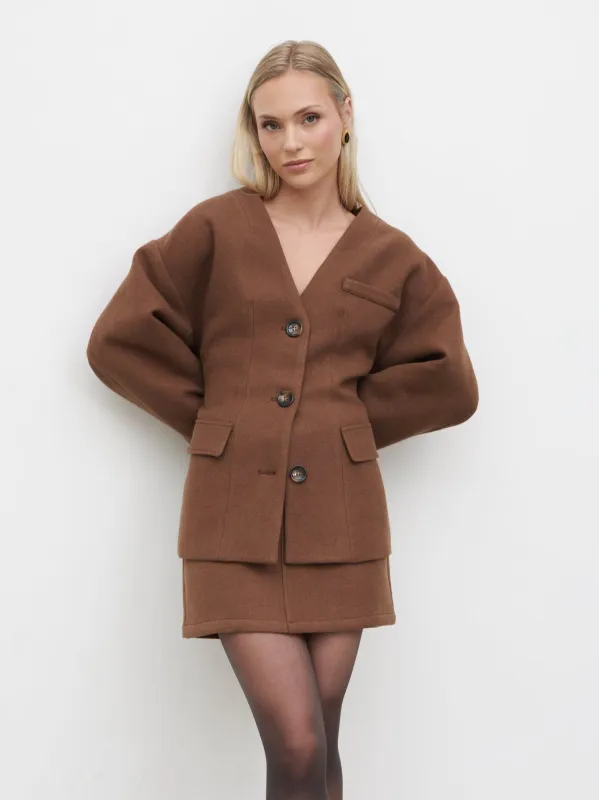 Colby Collarless Jacket - Brown sold by Pretty Lavish
