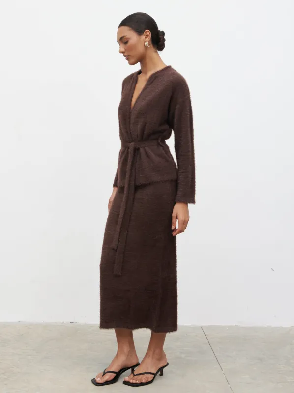 Isabella Fluffy Knit Midaxi Skirt - Chocolate sold by Pretty Lavish