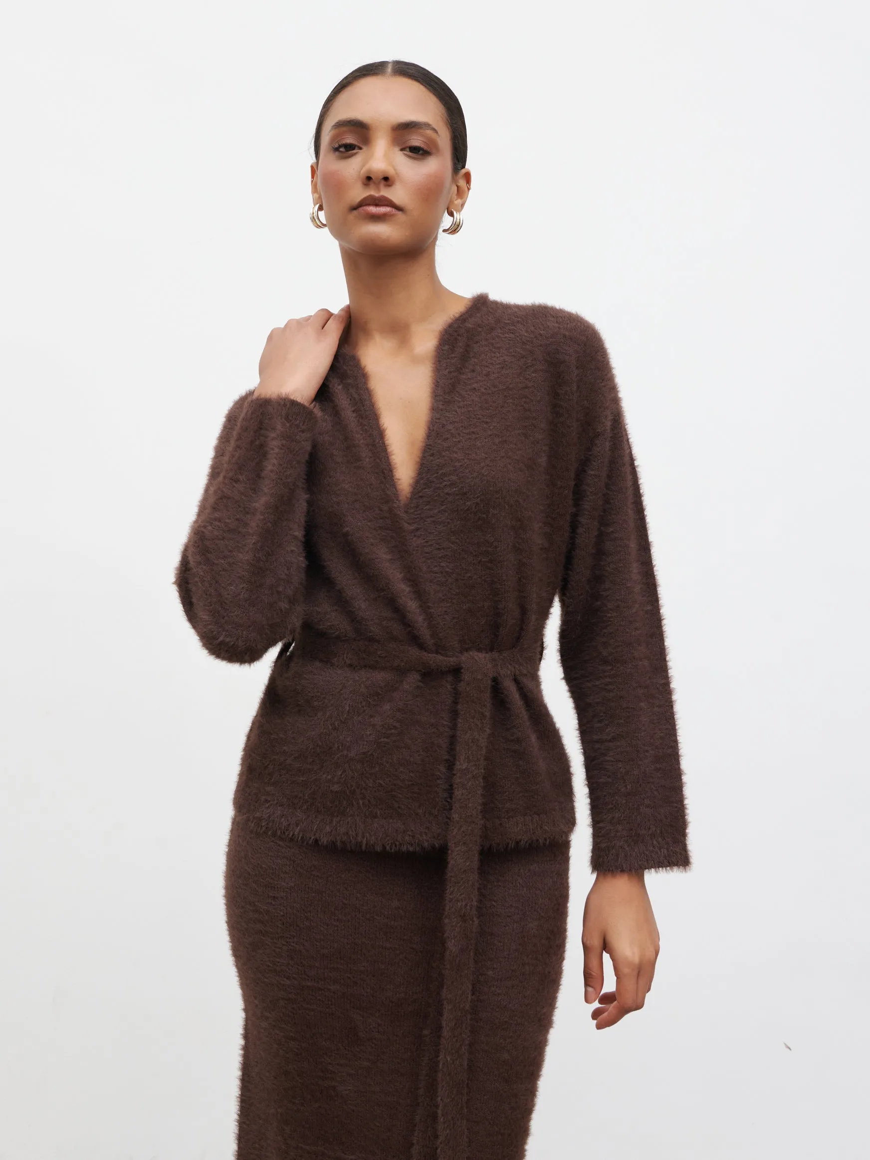 Isabella Fluffy Knit Tie Waist Cardigan - Chocolate sold by Pretty Lavish product image thumbnail 4