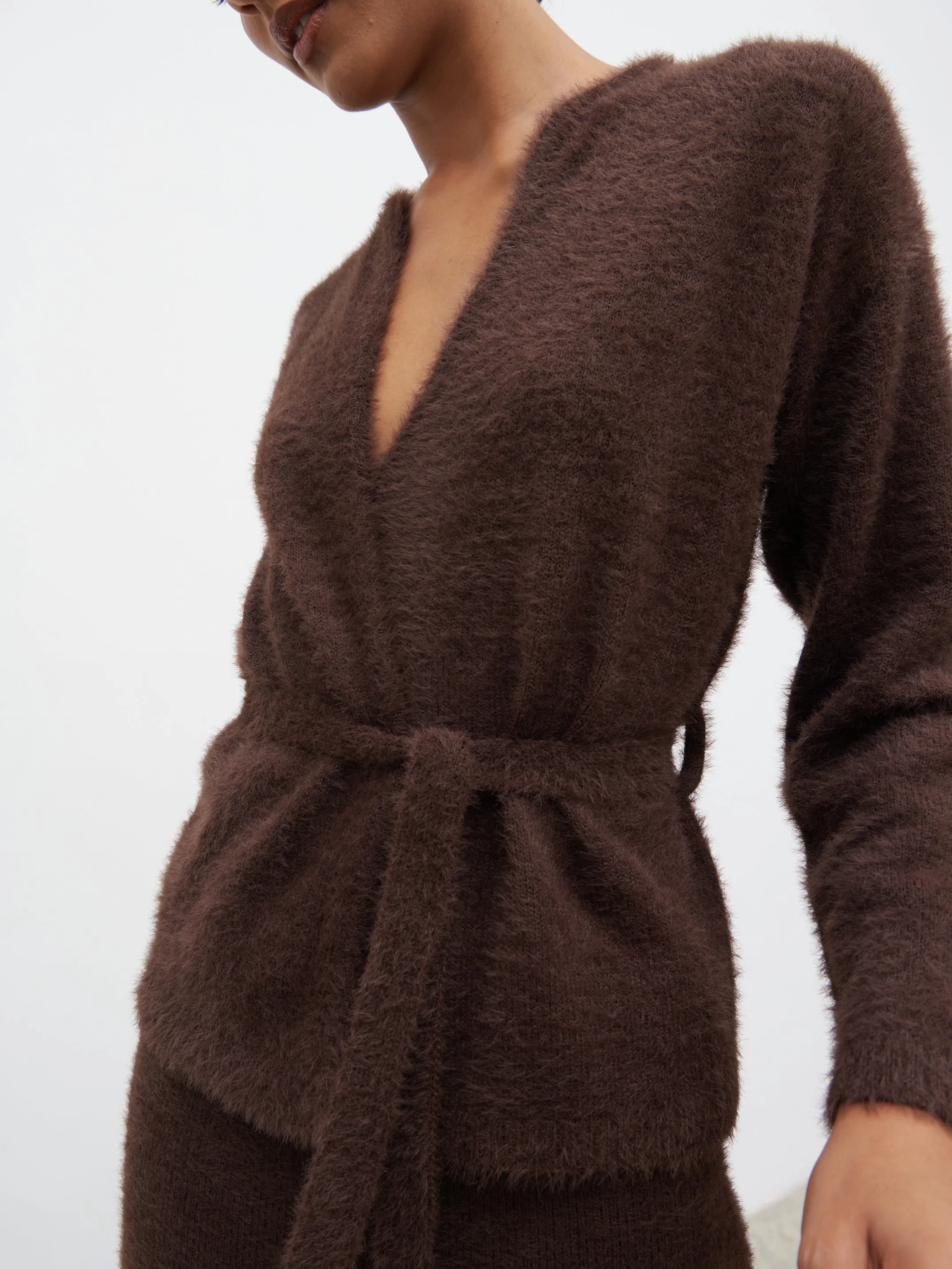 Isabella Fluffy Knit Tie Waist Cardigan - Chocolate sold by Pretty Lavish product image thumbnail 2