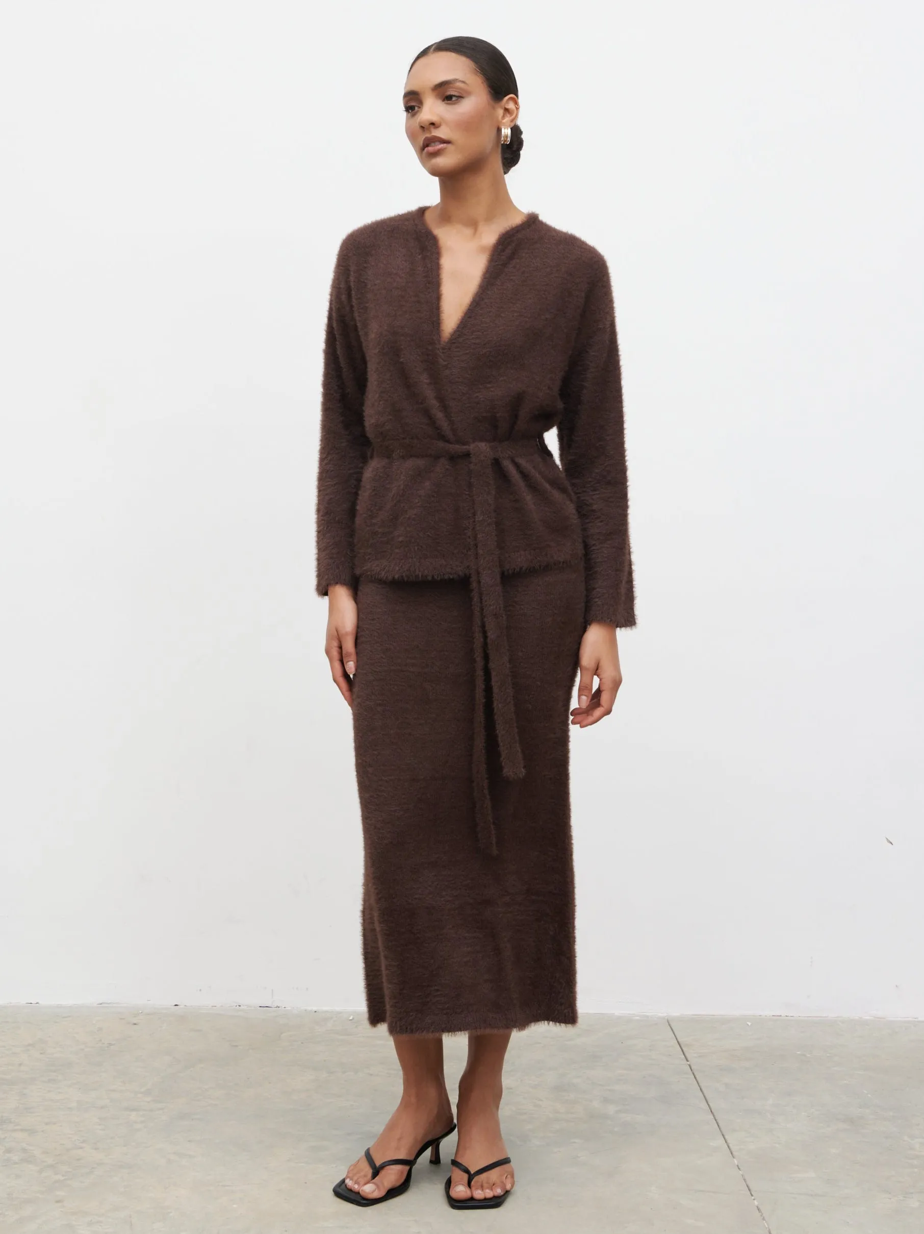 Isabella Fluffy Knit Tie Waist Cardigan - Chocolate sold by Pretty Lavish