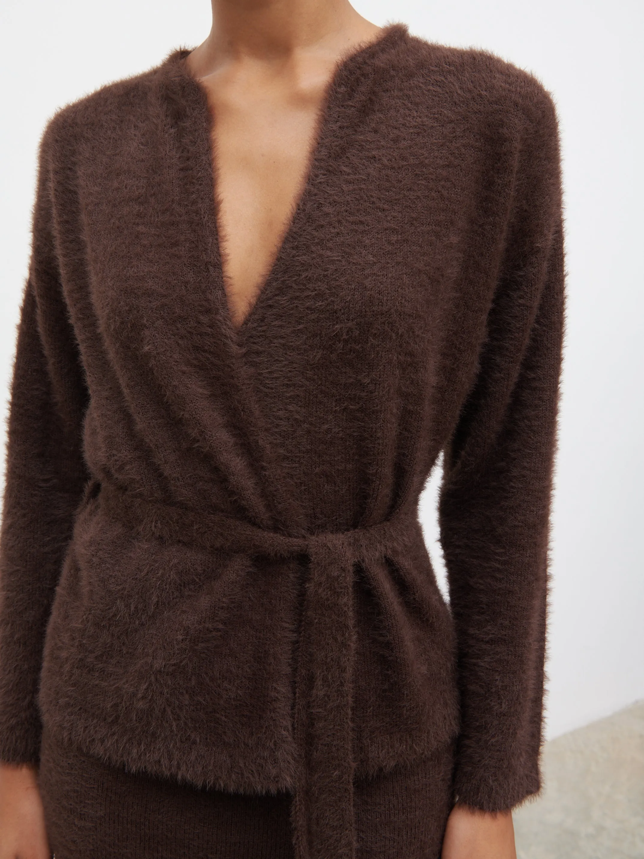 Isabella Fluffy Knit Tie Waist Cardigan - Chocolate sold by Pretty Lavish product image thumbnail 5