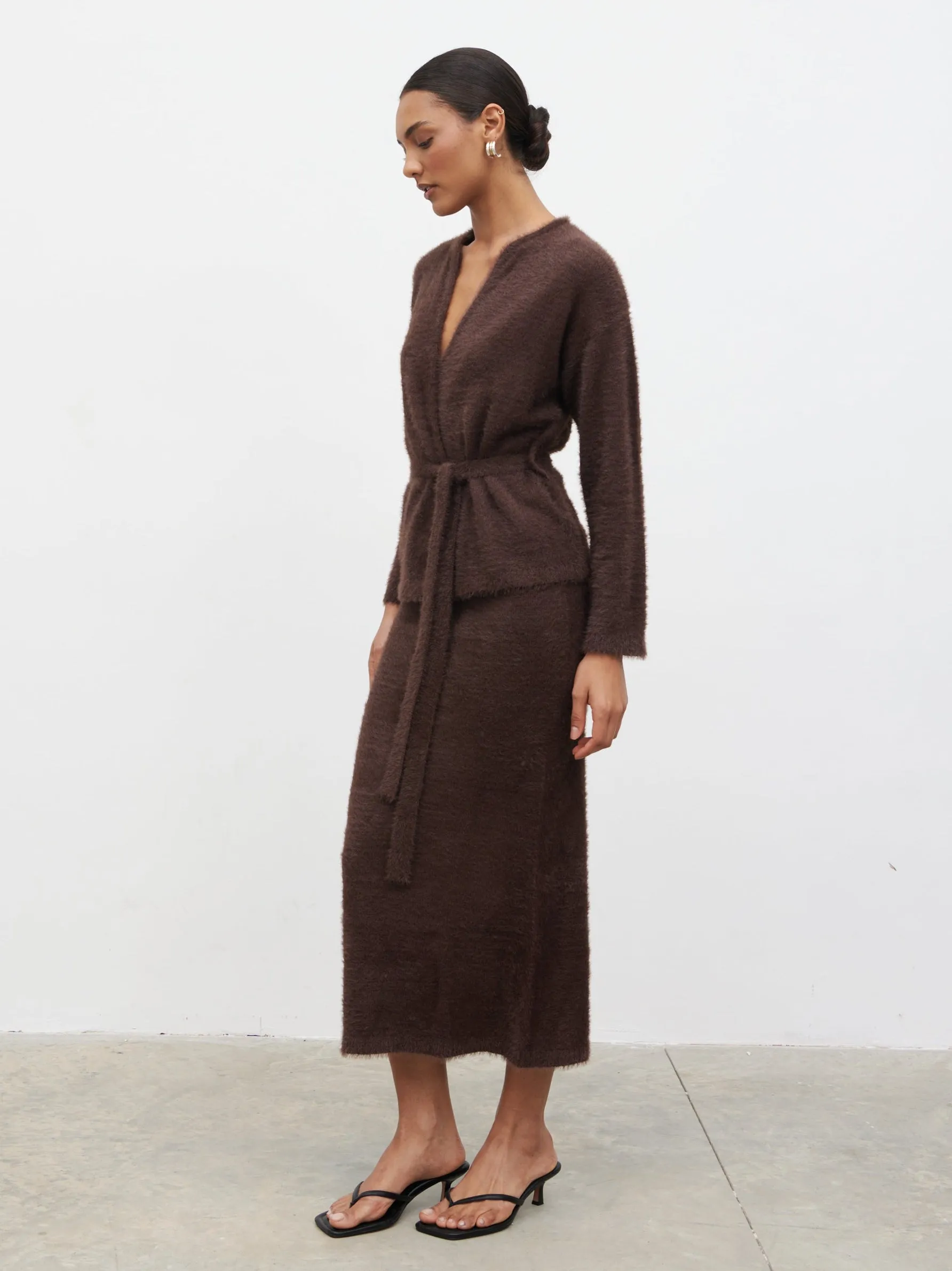 Isabella Fluffy Knit Tie Waist Cardigan - Chocolate sold by Pretty Lavish product image thumbnail 3