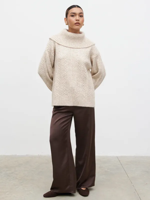 Blossom Cable Knit Exaggerated Roll Neck Jumper - Light Beige sold by Pretty Lavish