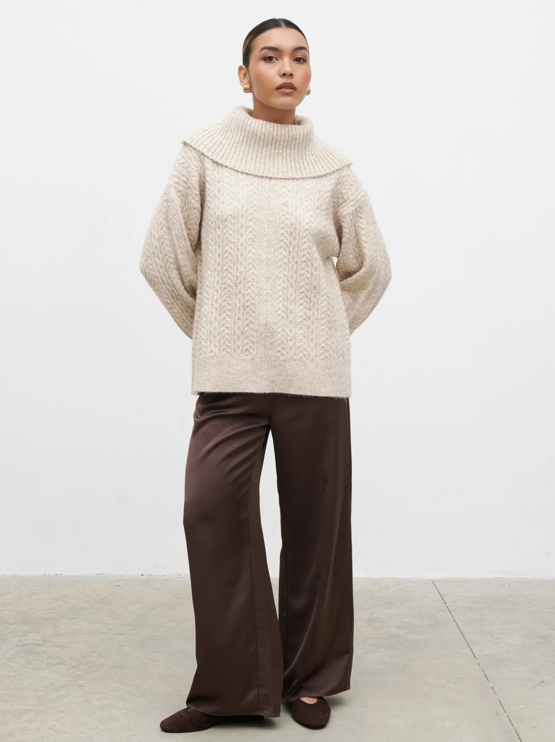 Blossom Cable Knit Exaggerated Roll Neck Jumper - Light Beige sold by Pretty Lavish