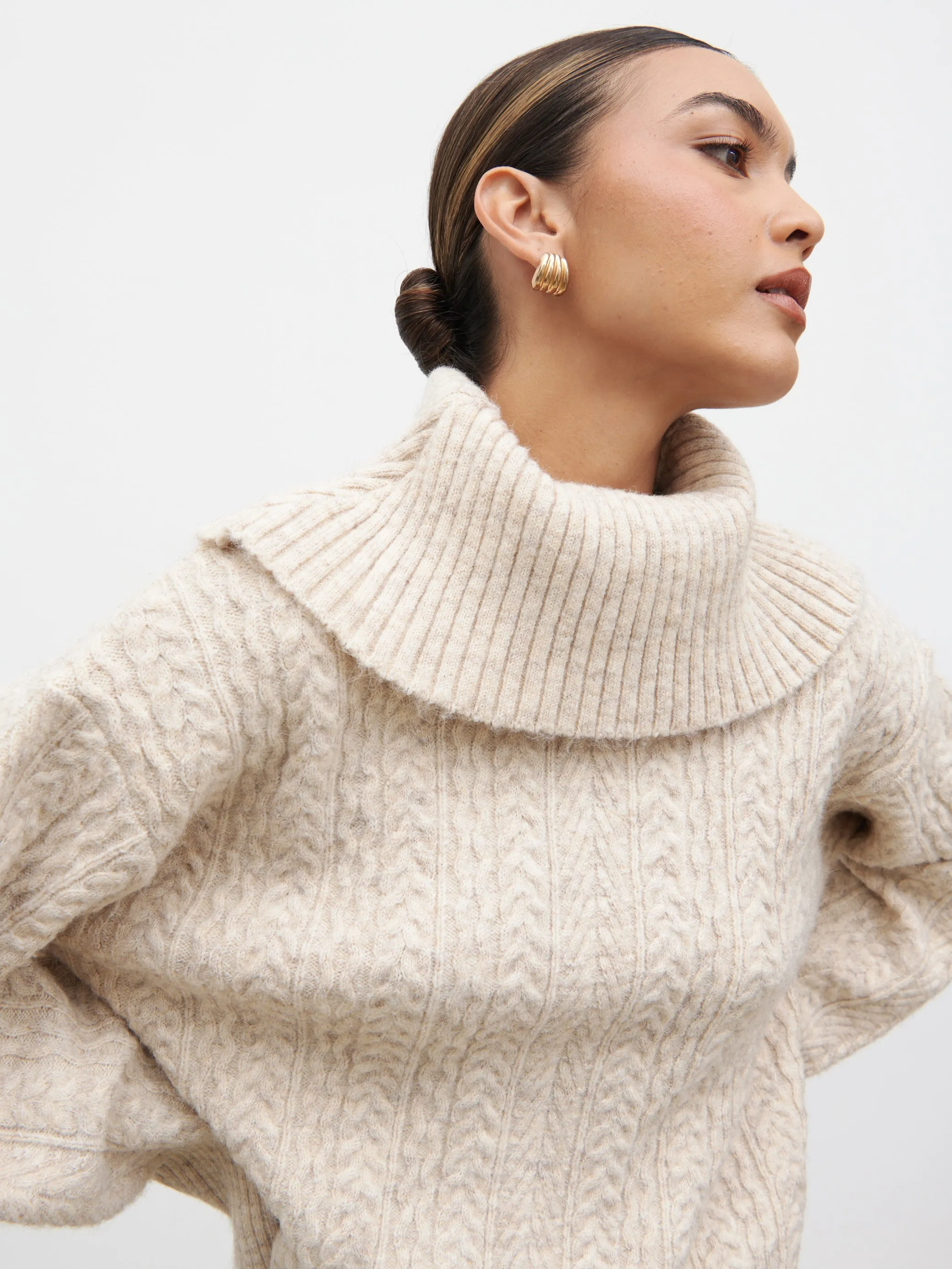 Blossom Cable Knit Exaggerated Roll Neck Jumper - Light Beige sold by Pretty Lavish product image thumbnail 2