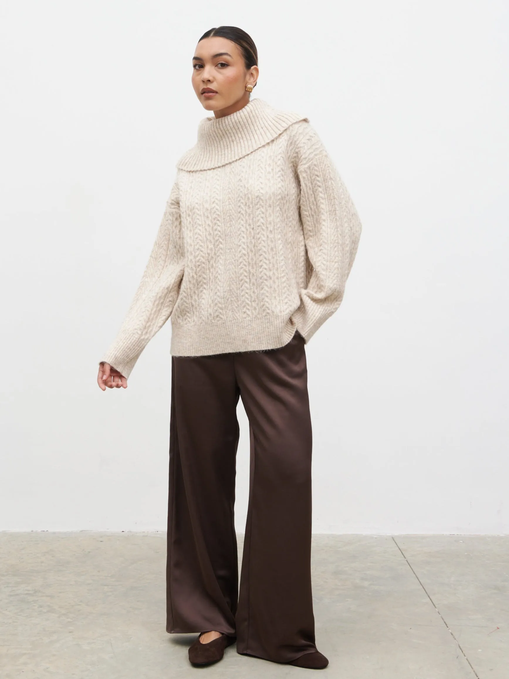 Blossom Cable Knit Exaggerated Roll Neck Jumper - Light Beige sold by Pretty Lavish product image thumbnail 4