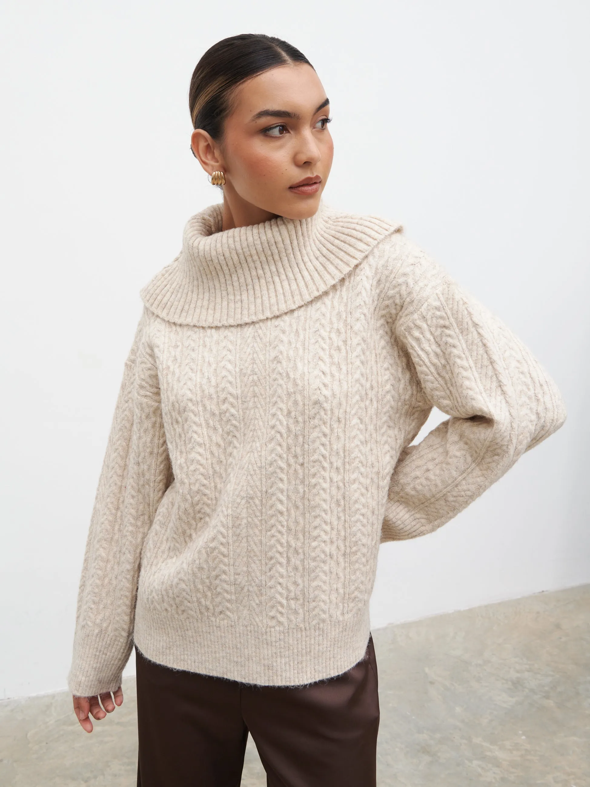 Blossom Cable Knit Exaggerated Roll Neck Jumper - Light Beige sold by Pretty Lavish product image thumbnail 3