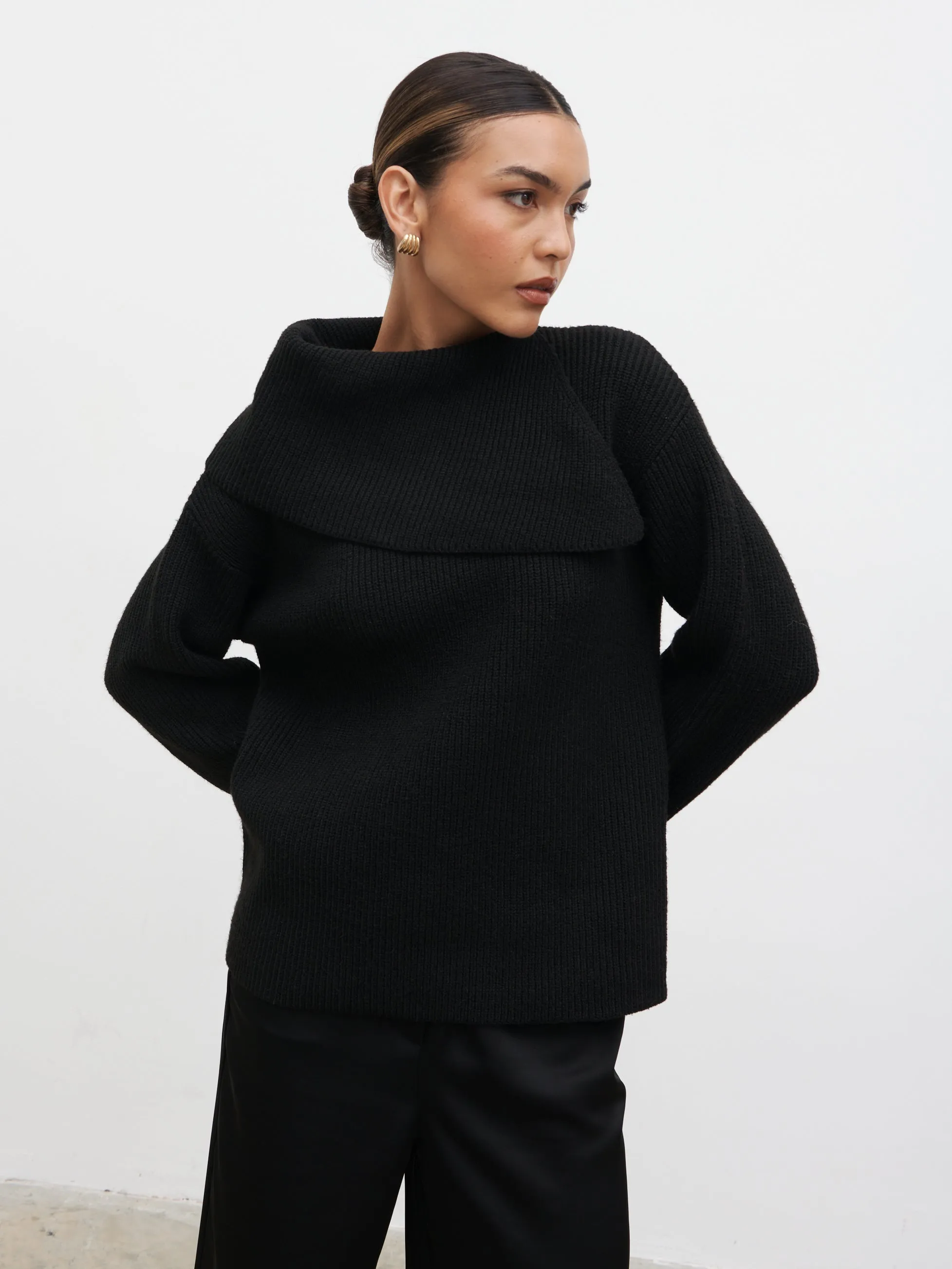 Cassandra Split Collar Knit Jumper - Black sold by Pretty Lavish
